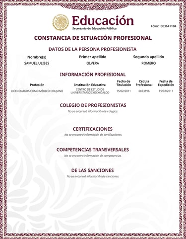Dr. Samuel Ulises Olvera diploma of medical surgeon