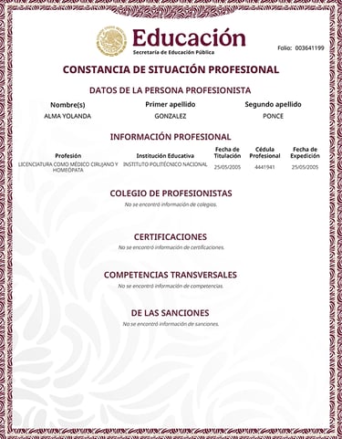 Dr. Alma Yolanda Gonzalez Ponce diploma of medical surgeon and homeopath