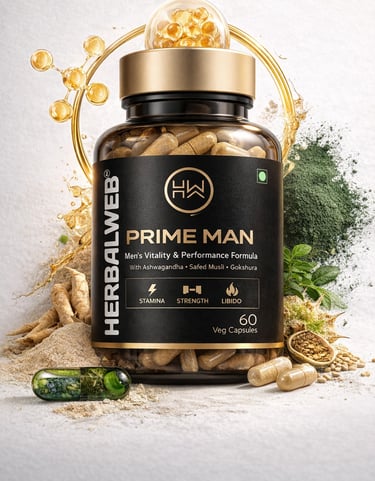 Herbalweb Prime Man dietary supplement bottle with ashwagandha capsules and natural herbal ingredients for men's vitality.
