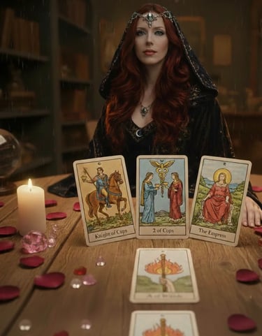 A tarot card reading with Rainie appearing in it with the Empress and Knight of Cups.