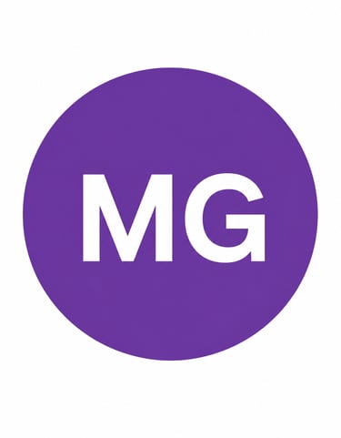 A minimalist logo with bold white MG letters centered inside a solid purple circle against a white background.
