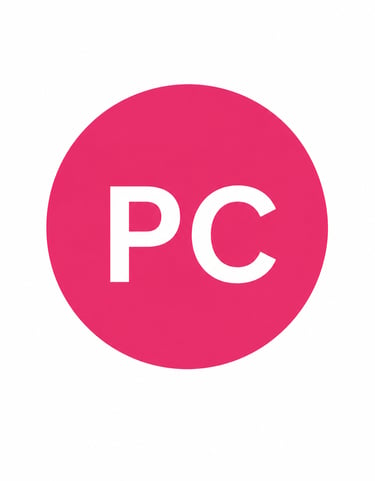 A pink circular logo featuring the bold white letters PC on a clean white background.