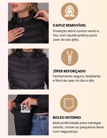Jaqueta Feminina Puffer Capuz Removível Bobojaco Impermeável
