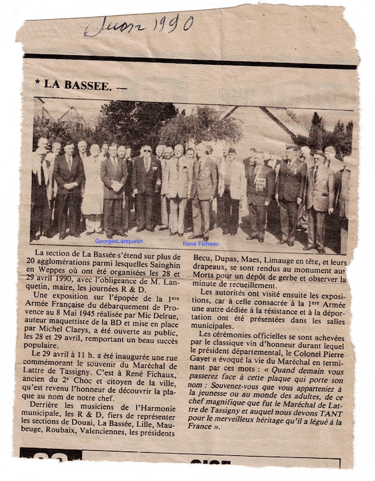 Inauguration de la rue du maréchal de Lattre de Tassigny avril 1990 Sainghin en Weppes
