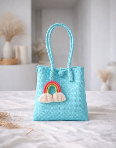 Tas anyaman plastik jali jali biru muda dengan gantungan pelangi handmade, tas ramah lingkungan