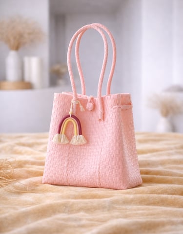 Tas anyaman plastik jali jali pink peach handmade dengan gantungan pelangi, cocok untuk hadiah