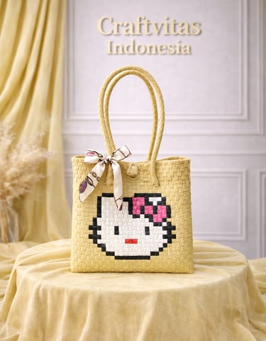 Tas anyaman karakter kucing warna cream handmade dari plastik daur ulang