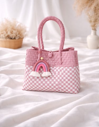 Tas anyaman plastik handmade warna pink dusty, tas anyaman wanita aesthetic modern