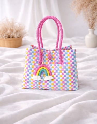 Tas anyaman plastik handmade warna pastel rainbow dengan pegangan pink, tas anyaman wanita modern