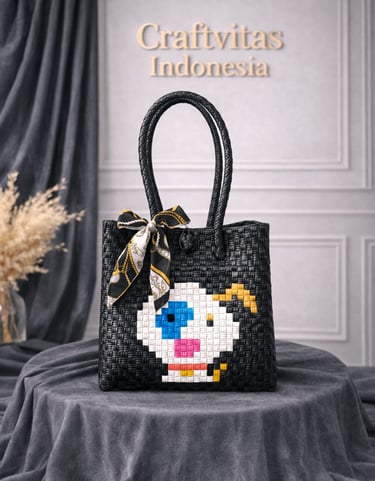 Tas anyaman karakter anjing warna hitam handmade untuk tas souvenir
