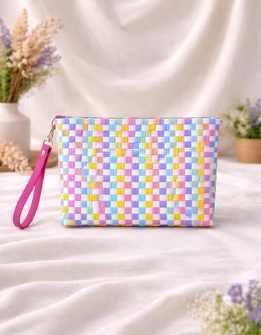 Tas anyaman plastik handmade warna pastel cerah model clutch wanita unik dan estetik