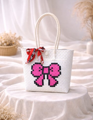 Tas anyaman karakter kupu-kupu putih pink handmade ramah lingkungan