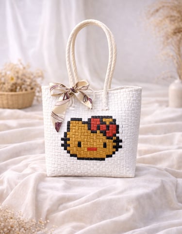 Tas anyaman karakter lucu warna putih coklat handmade untuk hampers