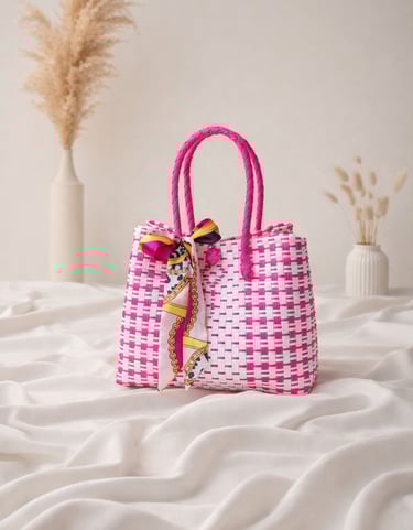 Tas anyaman plastik handmade pink putih dengan pita, tas anyaman wanita feminin dan modern