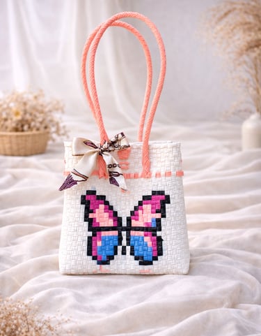 Tas anyaman karakter kupu-kupu warna pink biru handmade dari plastik