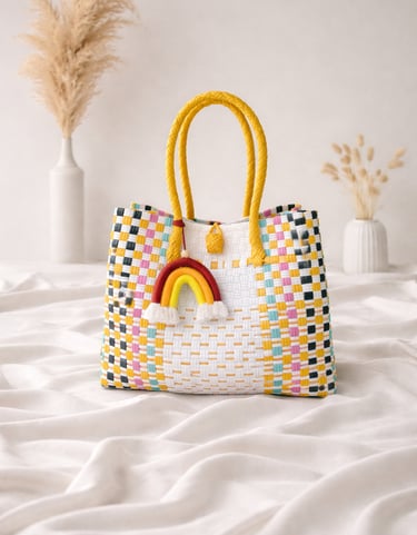 Tas anyaman plastik handmade warna putih dengan aksen cerah, tas anyaman wanita modern