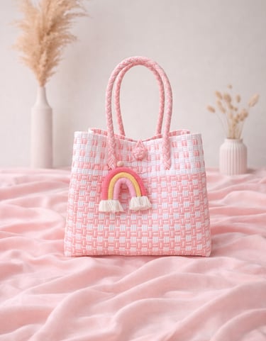 Tas anyaman plastik handmade warna pink soft, tas anyaman wanita aesthetic dan elegan