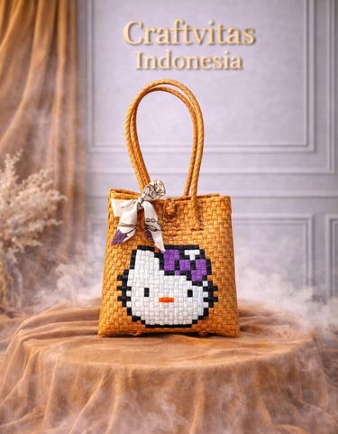 Handwoven gold plastic tote bag with cute cat character, handmade eco friendly fashion bag