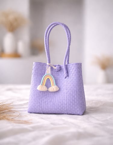 Handwoven lilac plastic tote bag handmade from recycled materials by Indonesian artisans