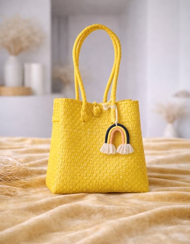 Tas anyaman plastik jali jali warna kuning handmade, tas anyaman cerah dari plastik daur ulang