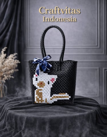 Tas anyaman karakter kucing hitam handmade dari plastik daur ulang