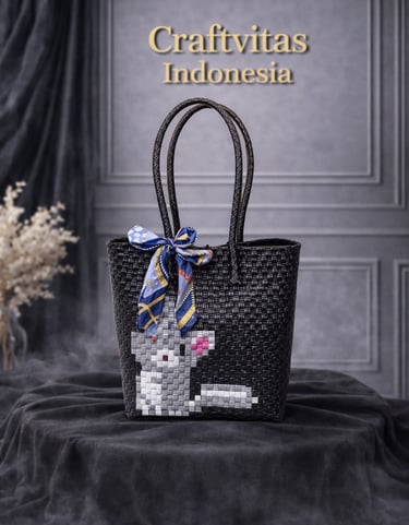 Black and white handmade plastic woven tote bag with cat character design