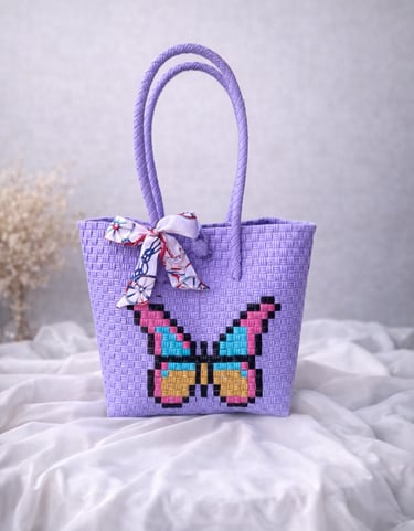 Purple handwoven plastic tote bag with butterfly character, handmade recycled plastic tote bag