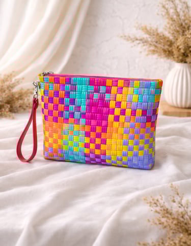 Tas anyaman plastik handmade warna warni cerah, model clutch wanita unik dan ramah lingkungan