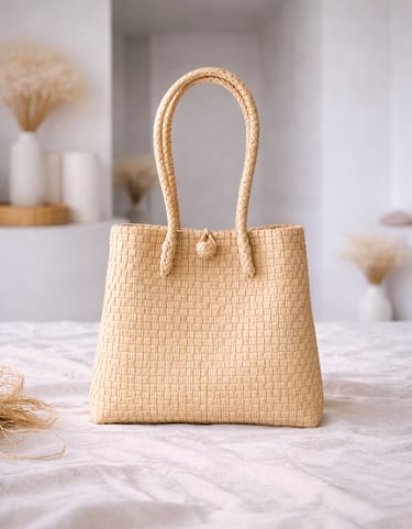 Tas anyaman plastik jali jali warna cream natural handmade, tas anyaman klasik ramah lingkungan