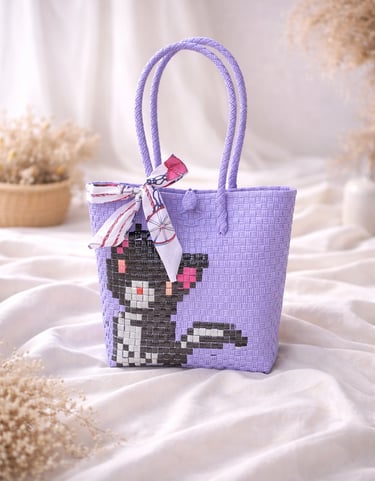 Tas anyaman karakter kucing warna ungu muda handmade dari plastik daur ulang