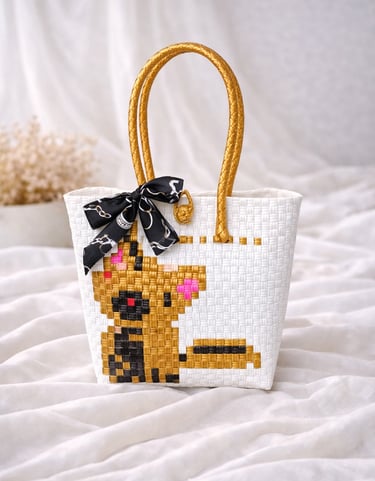 Tas anyaman karakter anjing putih coklat handmade ramah lingkungan