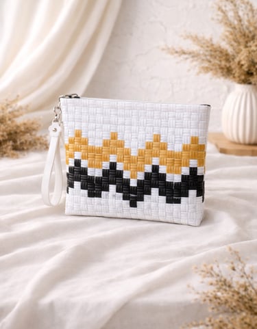 Tas anyaman plastik handmade warna putih dengan motif hitam dan kuning, clutch elegan untuk souvenir dan hampers
