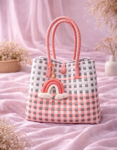 Tas anyaman jali jali plastik warna kombinasi pink peach silver dan putih premium cocok untuk berbagai kegiatan