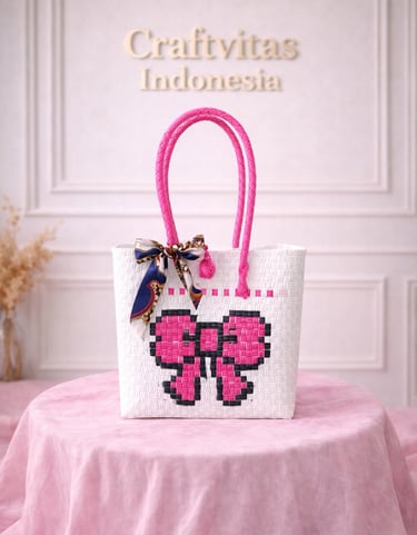 Tas anyaman karakter kupu-kupu handmade warna putih pink ramah lingkungan