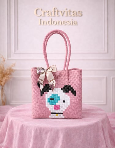 Tas anyaman karakter anjing warna pink handmade dari plastik daur ulang