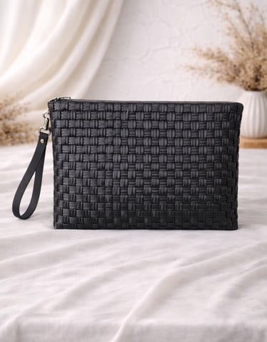 Tas anyaman plastik handmade warna hitam polos model clutch wanita dengan desain minimalis