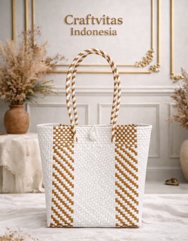 White and brown handwoven plastic tote bag with diagonal batik pattern, handmade in Indonesia