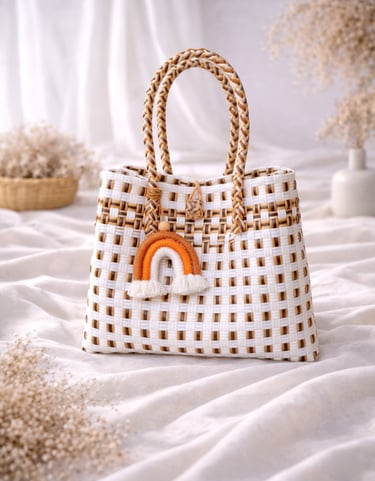 Tas anyaman plastik handmade putih lurik emas, tas anyaman wanita desain timeless