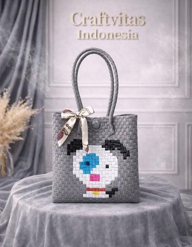 Tas anyaman karakter anjing warna abu handmade untuk hampers dan kado