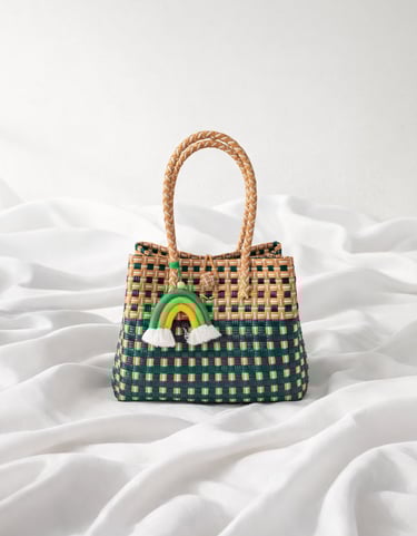 Tas anyaman plastik handmade warna hijau & lurik orange, tas anyaman wanita eco friendly