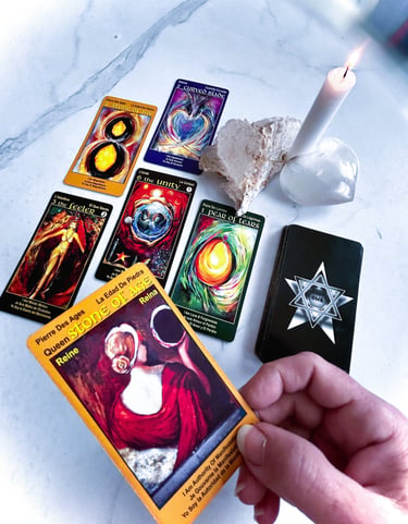 What is tarot? Psychic Reading with I Am One cards spread on a table with candle in Los Angeles CA