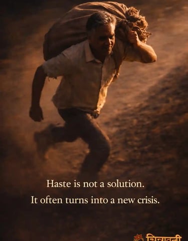 Indian man running on a rough road carrying a heavy load, motion blur showing urgency, struggle and burden.