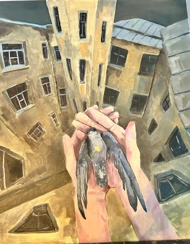 Takara Welter painting oil on canvas titled, "Even the Sparrow"