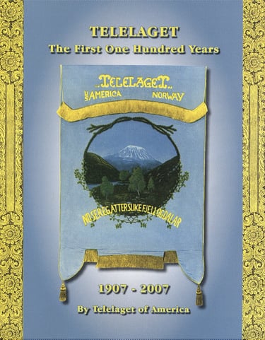 cover of Telelage 100th anniversary book, blue and gold with a photo of Telelaget banner