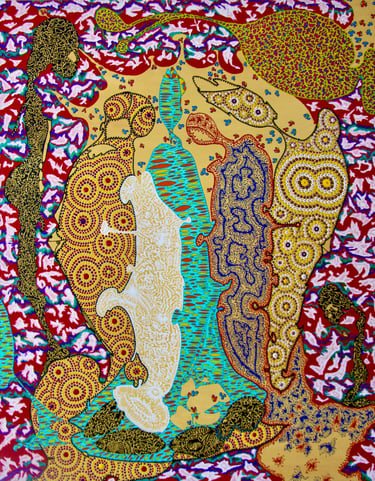 Vibrant abstract painting with intricate dot patterns, swirling shapes, and colorful organic forms in an Aboriginal art