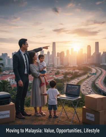 Family standing near moving boxes (Singapore/Malaysia), pointing to a skyline, symbolizing the move for a better life