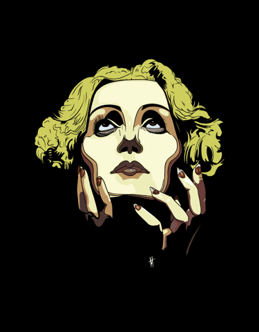 stylised take on the Marlene Dietrich movie poster, upturned face, blond hair and striking features