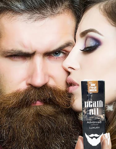 Gason ki gen yon fanm apiye sou figi li,ak bwat lwil bab Real Men Beard Oil Advanced Luxury devan yo