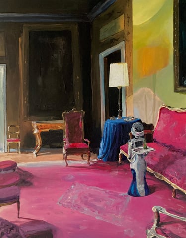 Peinture surréaliste en acrylique représentant une scène urbaine