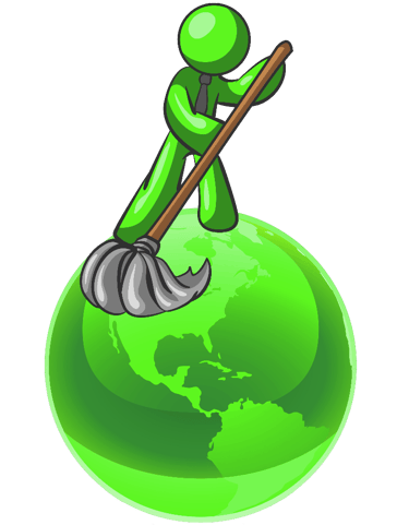 a green globe with a person holding a broom and a broom